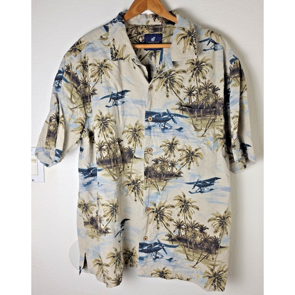 Caribbean Joe Mens Sz XL 100% Silk Hawaiian Aloha Shirt Palms, Planes, Grass Hut
